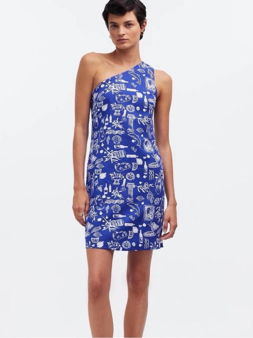 Madewell One-Shoulder Royal Blue Printed Shift Dress